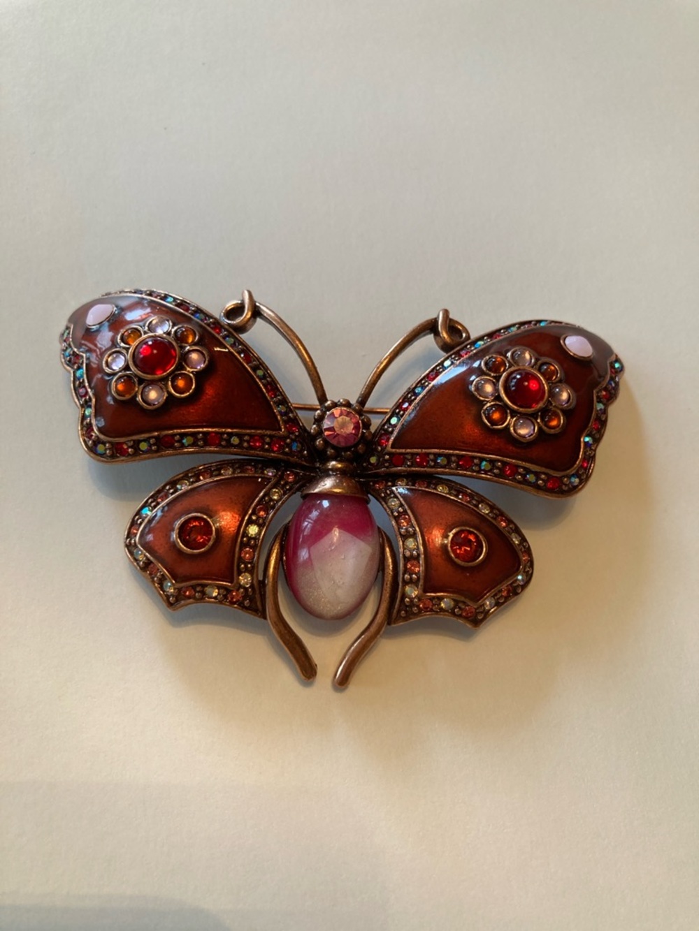 Joan Rivers Copper-Tone Butterfly Pin Brooch with Pink Cabochon